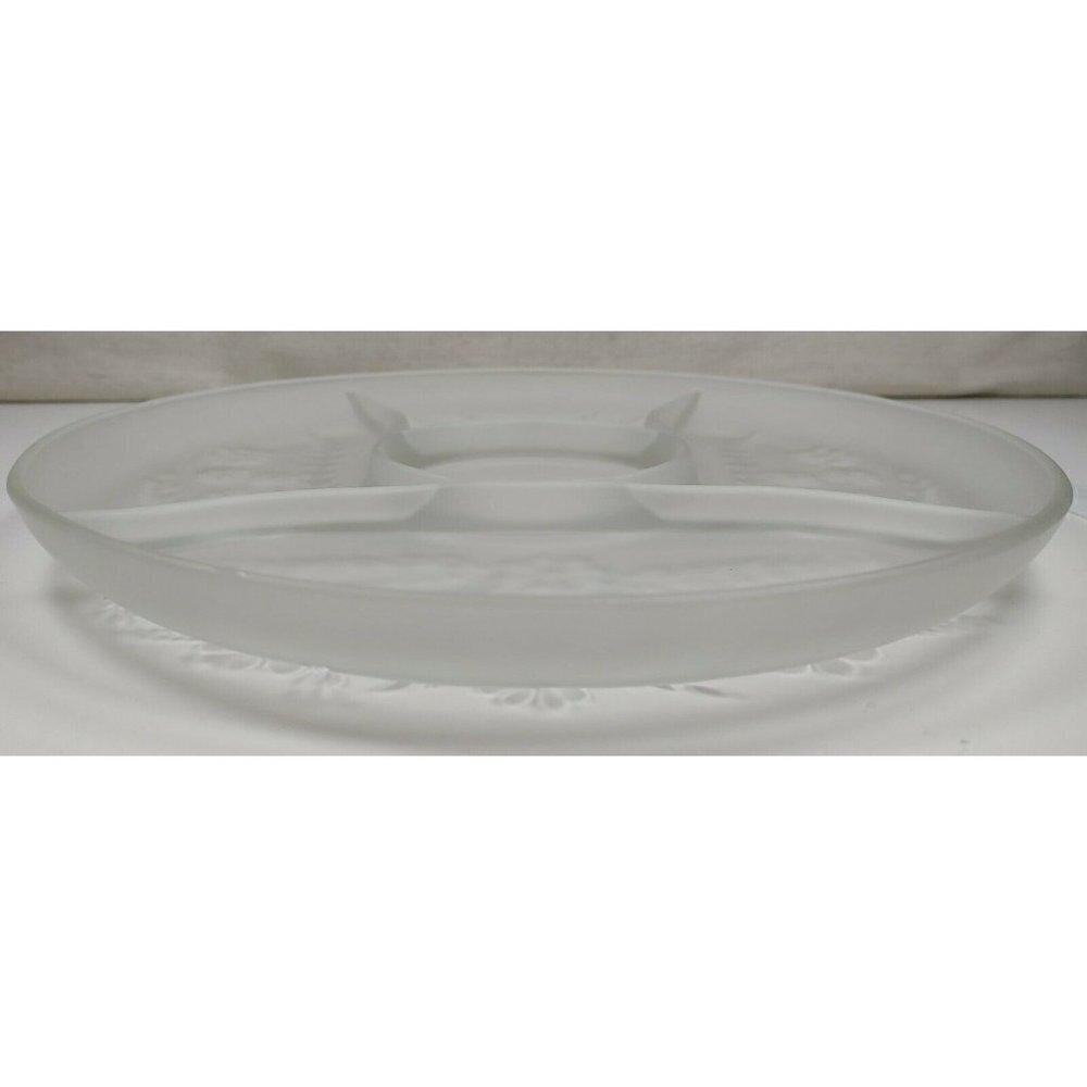 Vintage Large Frosted Glass Carved Flowers & Leaves 4 Slots Tray Serving Platter - Picture 3 of 9